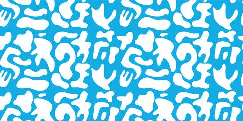 White abstract shapes lined up on a light blue background. Waves and sea foam. Image with colors with contrast. Bright and flashy for tropicals. Seamless pattern print for informal places.