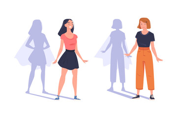 Shadow of Woman Superhero Character Standing and Smiling Vector Set