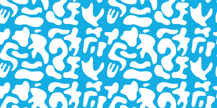 White abstract shapes lined up on a light blue background. Waves and sea foam. Image with colors with contrast. Bright and flashy for tropicals. Seamless pattern print for informal places.