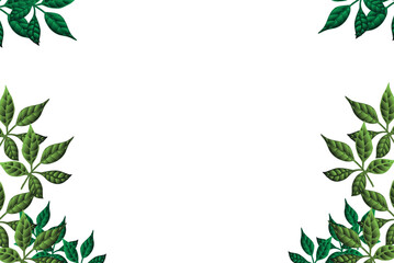Dark green and light green leaves frame on white background. Figures grouped on the baseboards of art in round and pointed formats. Ecology and nature tourism.