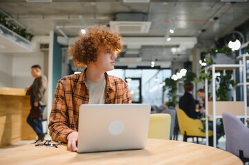 Young happy male freelancer in casual clothes sitting in cafe with laptop and using mobile phone.