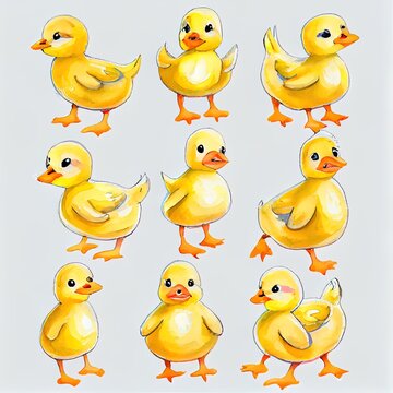 Watercolor illustration, of cute yellow ducklings in different poses sitting and standing, isolated on white background. Bright, colorful illustration in a children's flat, cartoon style.