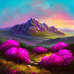 Digital artwork in watercolor painting style. Magic pink rhododendron flowers on summer mountain