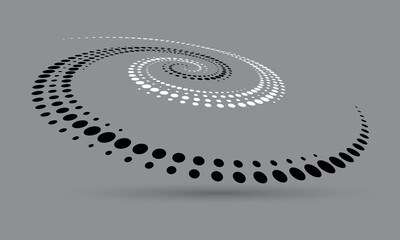 Fototapeta na wymiar Abstract dotted vector background. Halftone effect with black and white dots. Spiral dotted background or icon. Yin and yang style. Circle with perspective.
