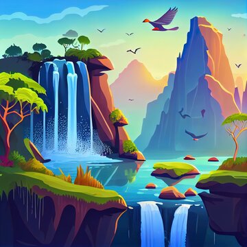The magical islands. Fantastic fairy tale background, digital art. Illustration of a mountain dawn landscape with waterfalls, birds and flying islands