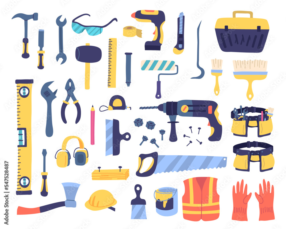 Wall mural vector construction repair tools set. house remodeling and fixing equipment. water balance, axe, ham