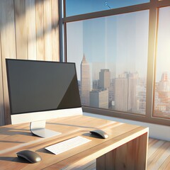 Empty computer monitor in creative contemporary daylight office studio interior with glass partition and window with city view, wooden flooring. 3D Rendering.