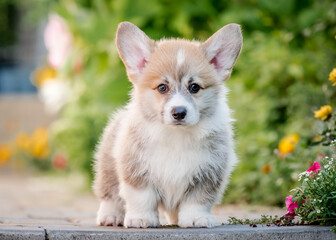 Сute fluffy puppy with funny ears stands against the background of flower beds