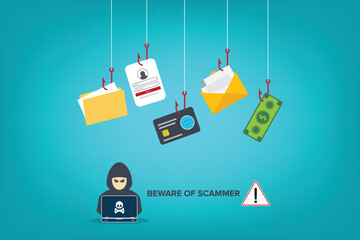 Beware of scammer. Hacker with laptop computer stealing confidential data, personal information and credit card detail. Hacking concept.