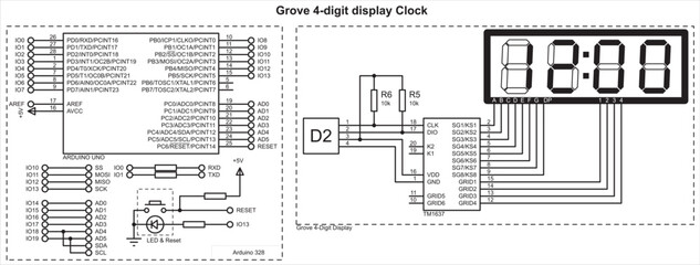 Vector schematic diagram of an electronic device on the arduino. Grove 4-digit display clock.