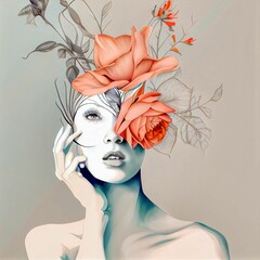 Fototapeta premium AI generated digital art of female portrait with leaves and flowers