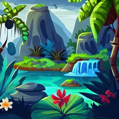 Fototapeta na wymiar Fantasy landscape with oasis, tropical leaves, flowers, stone mountain. Art, nft NFT nonfungible token. illustration.