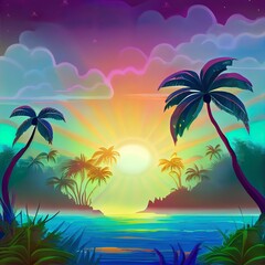 Fototapeta na wymiar Tropical forest, palm trees, sea, sun rays. Fantasy seascape with palm trees, clouds, sunillustration, fog. NFT nonfungible token. illustration.