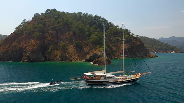 Aerial view of Sailing Gulet. A gulet is a wooden classic yacht built usually in Bodrum or Marmaris from the southwestern coast of Turkey. 