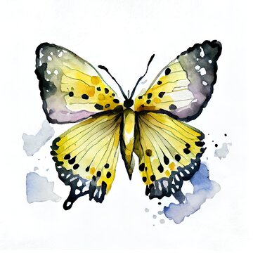 Yellow butterfly isolated on white background. Watercolor hand drawn illustration sketch