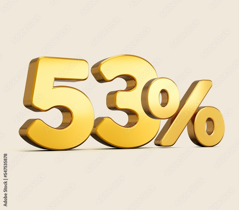 Canvas Prints 3d illustration of golden number 53 percent isolated on beige background with shadow