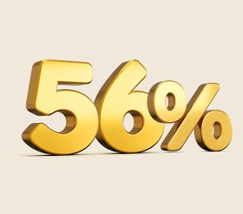 3d illustration of golden number 56 percent isolated on beige background with shadow