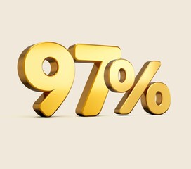 3d illustration of golden number 97 percent isolated on beige background with shadow - obrazy, fototapety, plakaty