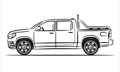 Outline illustration pickup truck, abstract silhouette on white background. Vehicle icons view from side. A hand drawn raster line art. - obrazy, fototapety, plakaty