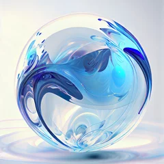 Fotobehang Abstract sphere and plasma rays. Blue reflections and refractions, stains and twirls on white. Fluid substance floating. May be glass or cosmic, micro or macro cosmos. © AkuAku