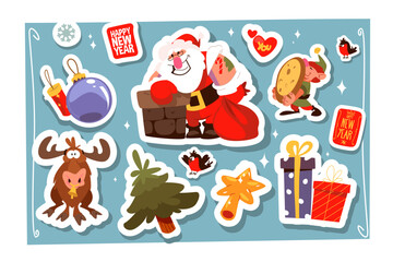Merry christmas and happy new year stickers set