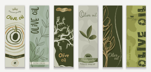 Set - template of labels or stickers for bottles or cans of tin or packaging of Vegetable Olive Oil. Modern trendy graphic design with olives leaves tree and olive twigs. Editable vector