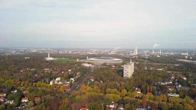 Famous Berlin Olympic Stadium Sports Complex. Calm aerial view flight germany