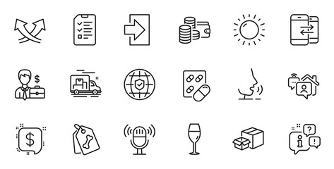 Fototapeta premium Outline set of Login, Microphone and Wineglass line icons for web application. Talk, information, delivery truck outline icon. Include Pet tags, Phone communication, Intersection arrows icons. Vector