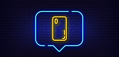 Neon light speech bubble. Smartphone cover line icon. Phone sign. Mobile device symbol. Neon light background. Smartphone cover glow line. Brick wall banner. Vector