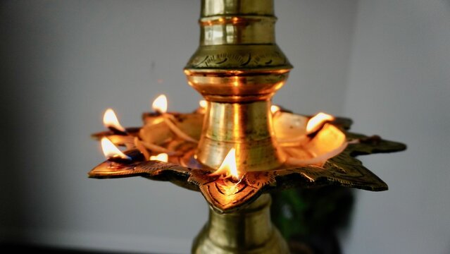 Closeup Shot Of A Burning Traditional Sri Lankan Oil Lamp