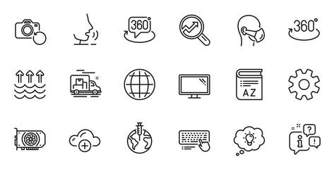 Outline set of Computer keyboard, 360 degree and Medical mask line icons for web application. Talk, information, delivery truck outline icon. Include Vocabulary, Analytics, Service icons. Vector