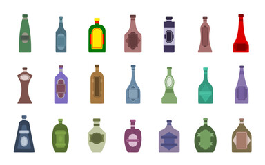 Bottle of alcohol beverage cartoon icon set. Restaurant pub jar symbol. Various shapes of glass flask for vodka, whiskey, soda, beer, water, brandy and other alcoholic drink, liquid product