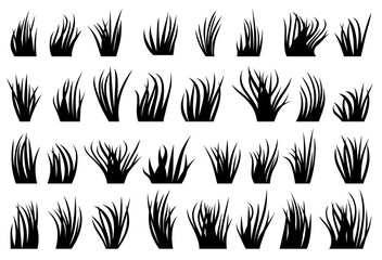 Grass natural organic lawn black silhouette set. Different shape eco plant fresh bush spring herbal turf on white background. Contour bio herb meadow. Greenery leaves cartoon foliage landscape border