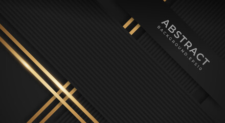 Abstract Black Background with Golden Lines Luxury Strings. Geometric Backdrop with Textured Paper Layers for Business Presentation Template