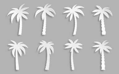 Obraz premium Palm tree paper cut set. Beautiful exotic tropical sign. Beach plants with leaves and trunk. Coconut jungle cultivated gardening. Exotic tree for natural vacation poster banner, Hawaiian travel card