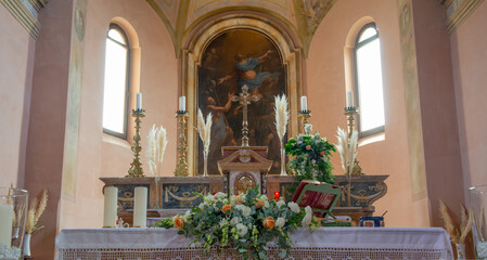 Church decorated for wedding ceremony
