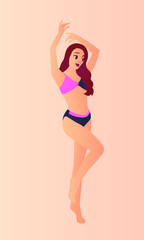 Attractive young woman in underwear isolated on a creamy background, woman, standing pose, confident, athletic, violet top, black shorts, arms raised, vibrant colors, simple background