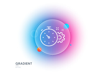 Cogwheel with timer line icon. Gradient blur button with glassmorphism. Engineering tool sign. Cog gear symbol. Transparent glass design. Cogwheel timer line icon. Vector