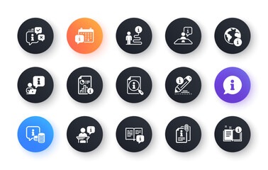 Info center icons. Reception information, Journey path, Guide book. Call center, Faq chat bubbles, Info help desk icons. Search information and Customer help service. Circle web buttons. Vector