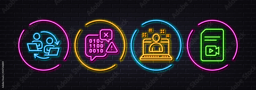 Poster binary code, teamwork process and best manager minimal line icons. neon laser 3d lights. video file 