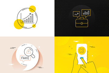 Minimal set of Graph chart, Puzzle and Fake news line icons. Phone screen, Quote banners. Business portfolio icons. For web development. Growth report, Puzzle piece, Check wrong fact. Vector