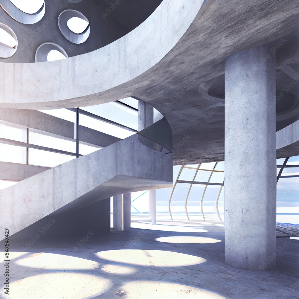 Poster abstract concrete interior multilevel public space with window. 3d illustration and rendering.