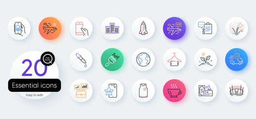 Simple set of T-shirt, Card and Transport insurance line icons. Include Delivery app, Airplane travel, Coffee icons. Rocket, Business portfolio, Company web elements. Chemistry pipette. Vector