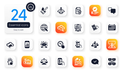 Set of Education flat icons. Justice scales, Court judge and Teamwork elements for web application. Speech bubble, Cloud computing, Approved message icons. Ranking stars, Pay money. Vector