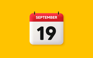 Calendar date 3d icon. 19th day of the month icon. Event schedule date. Meeting appointment time. Agenda plan, September month schedule 3d calendar and Time planner. 19th day day reminder. Vector