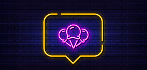 Neon light speech bubble. Ice creams cone line icon. Vanilla sundae waffle cone sign. Frozen summer dessert symbol. Neon light background. Ice creams glow line. Brick wall banner. Vector