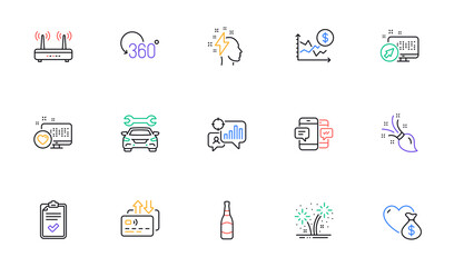 Beer bottle, Seo statistics and Brush line icons for website, printing. Collection of Dollar rate, Smartphone sms, Web system icons. Full rotation, Heart, Card web elements. Checklist. Vector