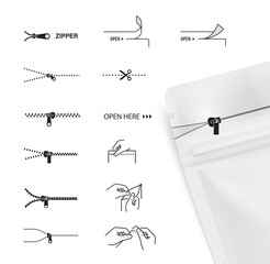 A set of icons for zippers and scissors. Set for packs, shows the place of opening. EPS10.	