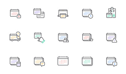 Calendar line icons. Schedule appointment, Event date, Time planner line icons. Account report, Delivery schedule and Diary planner. Event calendar, Deadline notification and month report. Vector