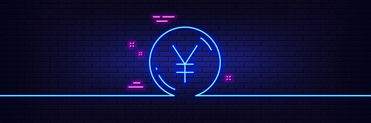 Neon light glow effect. Yen money line icon. Jpy currency sign. Cash coin symbol. 3d line neon glow icon. Brick wall banner. Yen money outline. Vector
